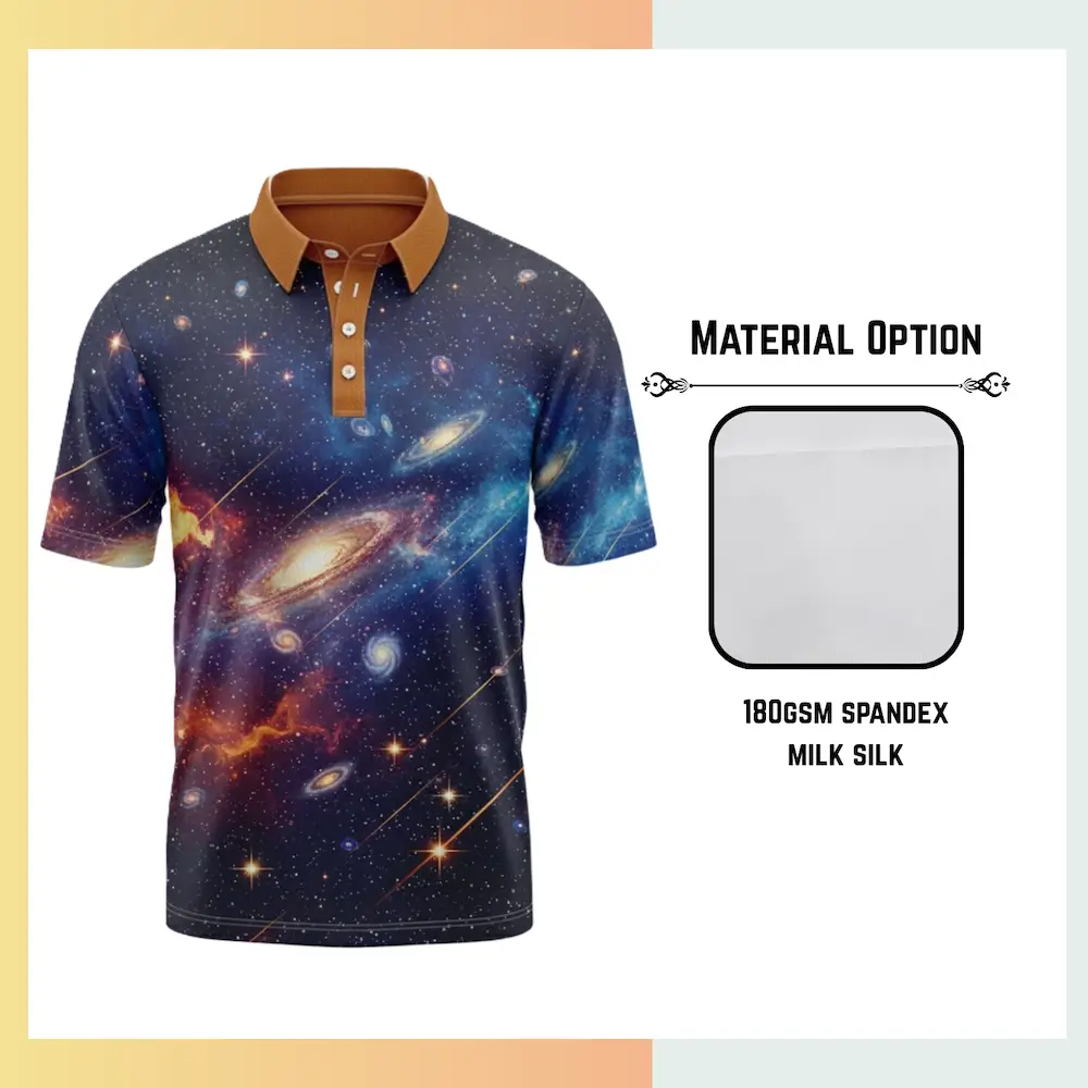Custom full sublimation short sleeve polo for men women and kids on 180gsm 92 poly 8 spandex 2-way stretch milk silk fabric with vibrant all-over geometric pattern
