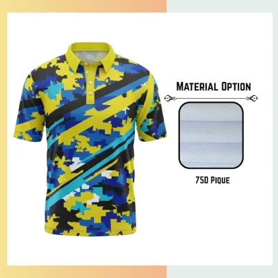 Custom full sublimation pique polo in 75D textured fabric with vibrant all-over geometric pattern