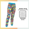 Custom full sublimation printed 160gsm brushed milk silk lounge pants for unisex and kids laid flat, showcasing vibrant design on ultra-soft fabric with elastic waistband, drawcord, and side pockets.