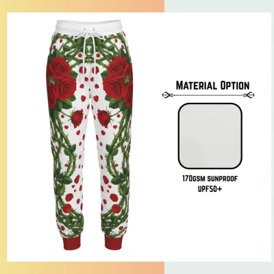 Custom full sublimation printed 170gsm solarprotec UPF50+ lounge pants for unisex and kids laid flat, showcasing vibrant design on sun-protective fabric with elastic waistband, drawcord, and side pockets.