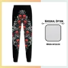 Custom full sublimation printed 180gsm interlock long pants for unisex and kids laid flat, showcasing vibrant design on premium fabric with elastic waistband, drawcord, and side pockets.