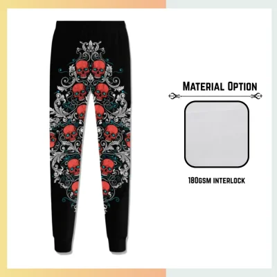 Custom full sublimation printed 180gsm interlock long pants for unisex and kids laid flat, showcasing vibrant design on premium fabric with elastic waistband, drawcord, and side pockets.