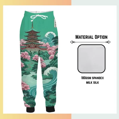 Custom full sublimation printed 180gsm spandex milk silk long pants for unisex and kids laid flat, showcasing vibrant design on silky fabric with elastic waistband, drawcord, and side pockets.