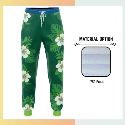 Custom full sublimation printed 75d pique long pants for unisex and kids laid flat, showcasing vibrant design on textured fabric with elastic waistband, drawcord, and side pockets