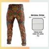Custom full sublimation printed 250gsm lightweight sweatpants for unisex and kids laid flat, showcasing vibrant design on looped pile fabric with elastic waistband, drawcord, and side pockets.