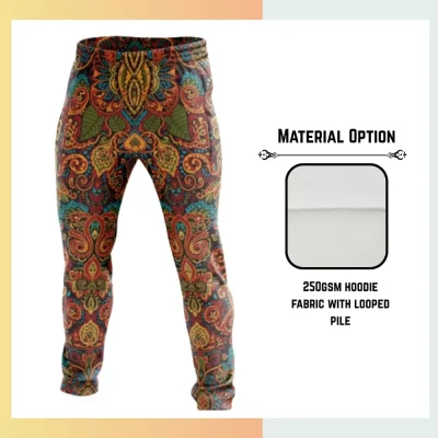 Custom full sublimation printed 250gsm lightweight sweatpants for unisex and kids laid flat, showcasing vibrant design on looped pile fabric with elastic waistband, drawcord, and side pockets.