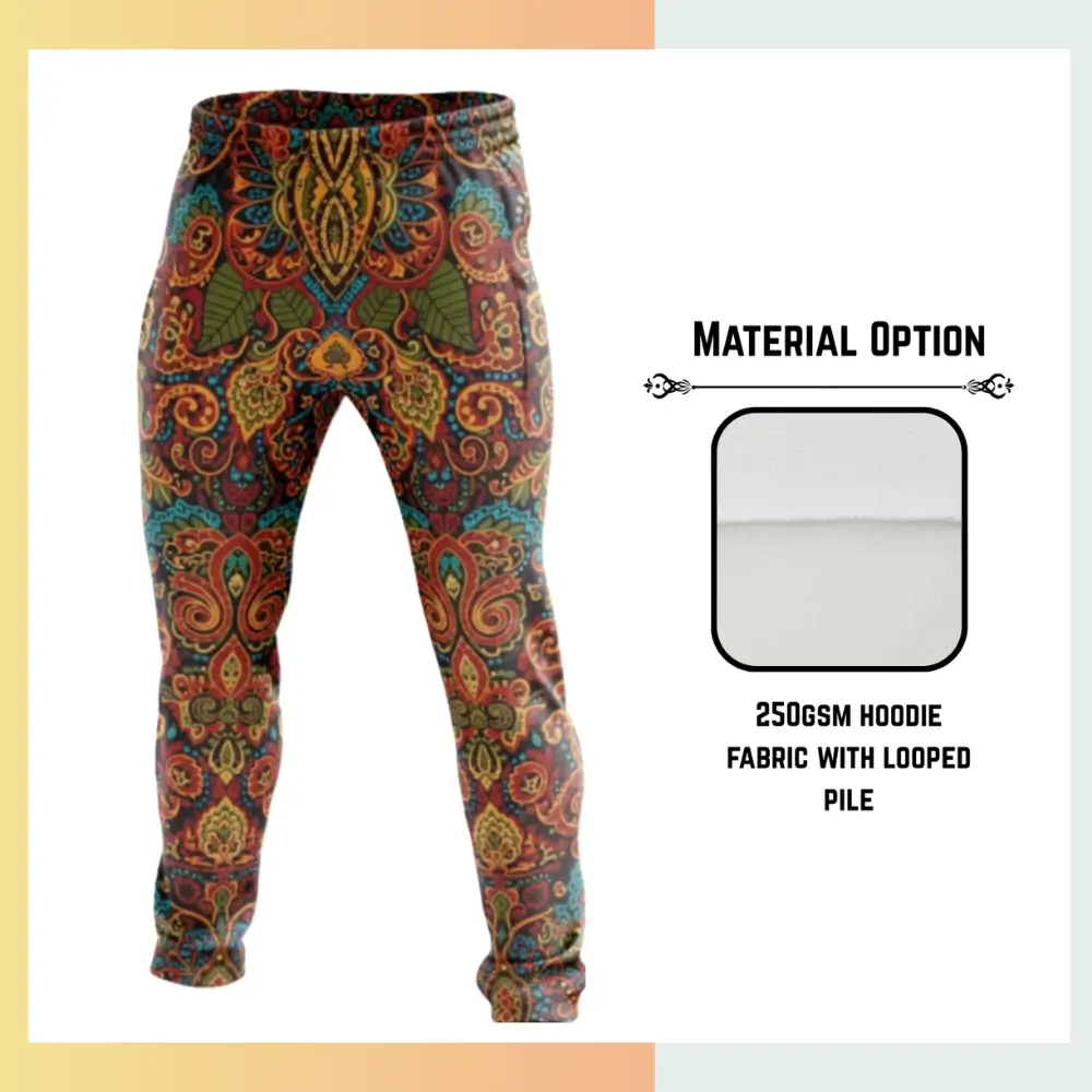 Custom full sublimation printed 250gsm lightweight sweatpants for unisex and kids laid flat, showcasing vibrant design on looped pile fabric with elastic waistband, drawcord, and side pockets.