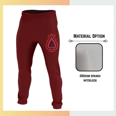 Custom full sublimation printed 280gsm spandex interlock track pants for men and kids laid flat, showcasing vibrant design on athletic fabric with elastic waistband, drawcord, and side pockets.