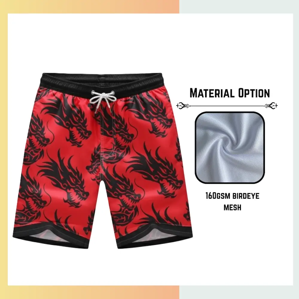 Custom full sublimation printed 160gsm birdseye mesh performance shorts for unisex laid flat, showcasing vibrant design on breathable textured fabric with elastic waistband and drawcord