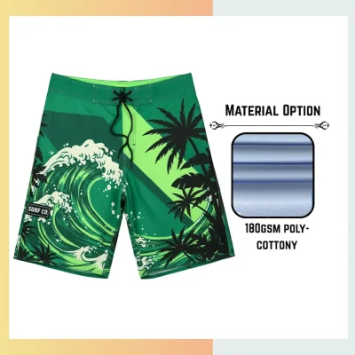 Custom full sublimation printed 180gsm cotton-feel performance shorts for unisex laid flat, showcasing vibrant design on soft stretch fabric with elastic waistband and drawcord