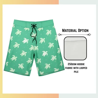 Custom full sublimation printed 250gsm lightweight sweat shorts for unisex and kids laid flat, showcasing vibrant design on looped pile fabric with elastic waistband and side pockets