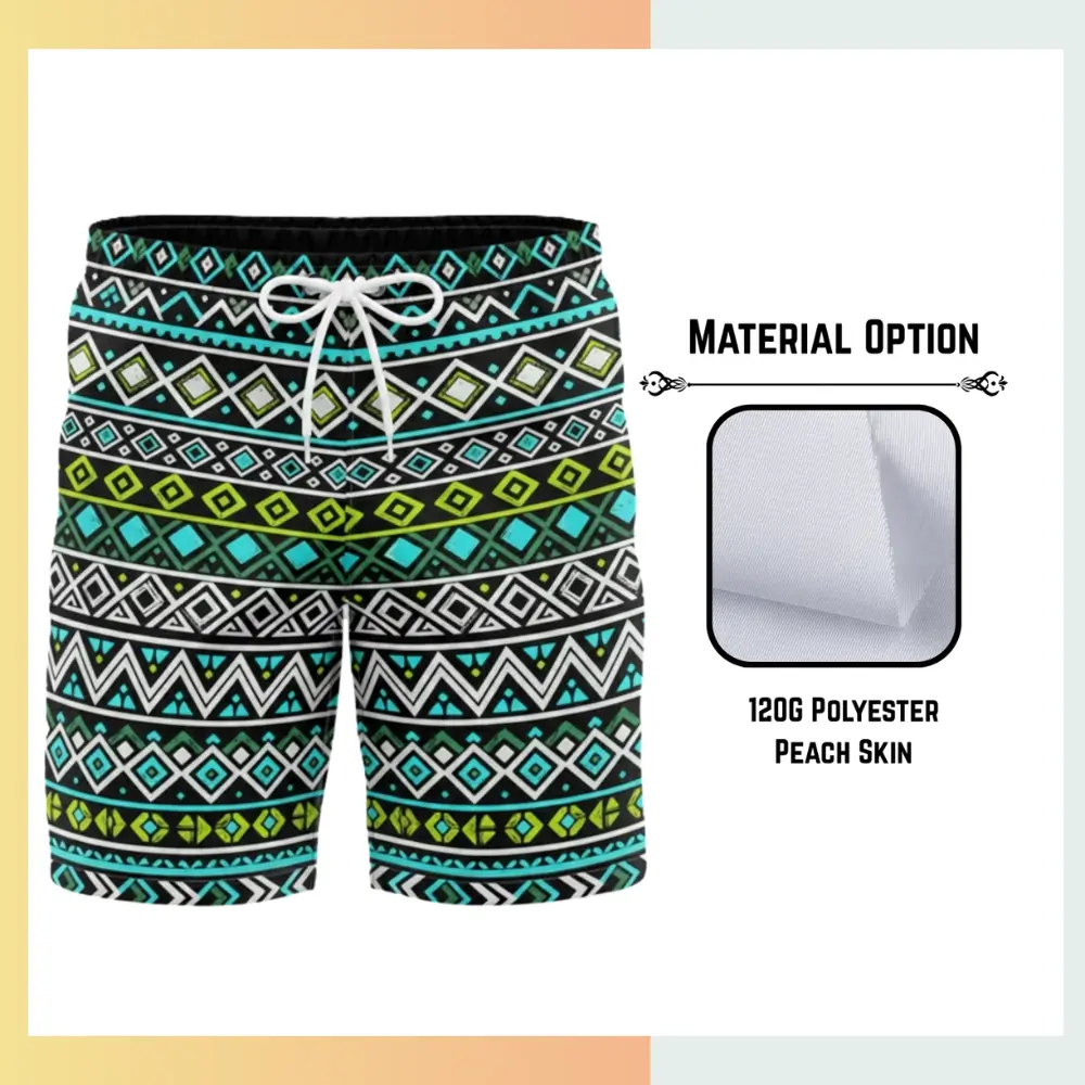 Custom full sublimation printed 120g polyester peach skin board shorts for unisex laid flat, showcasing vibrant design on soft fabric with elastic waistband, drawcord, and mesh pockets