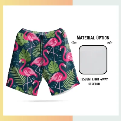 Custom full sublimation printed women's 135gsm 4-way stretch board shorts laid flat, showcasing vibrant design on lightweight performance fabric with elastic waistband, drawcord, and side pockets
