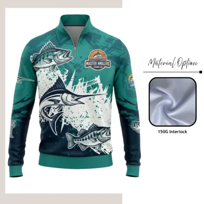 Custom full sublimation printed quarter zip pullover for men, women and kids laid flat, showcasing vibrant design with quarter-zip front