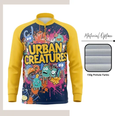 Custom full sublimation printed pinhole fabric quarter zip pullover for men, women and kids laid flat, showcasing vibrant design with quarter-zip front