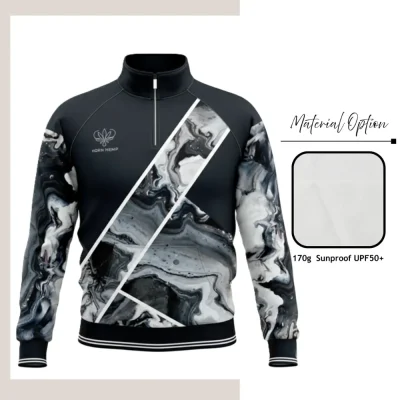 Custom full sublimation printed solarprotec UPF50+ quarter zip pullover for men, women and kids laid flat, showcasing vibrant design on sun-protective fabric with quarter-zip front