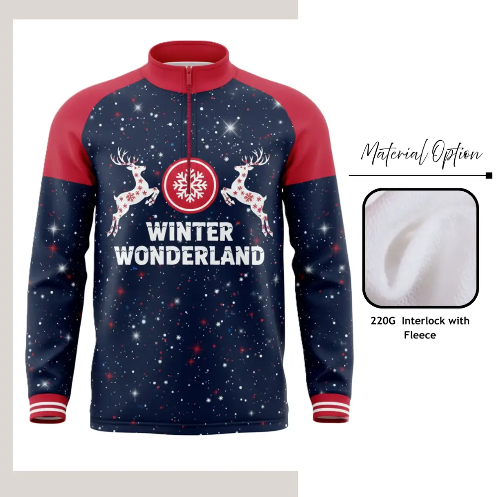 Custom full sublimation printed ultra light fleece quarter zip pullover laid flat, showcasing vibrant all-over design with contrast zipper