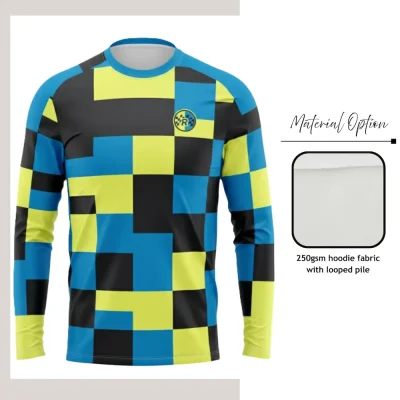 Custom full sublimation printed looped terry crew sweatshirt in 250GSM stretch fabric laid flat, showcasing vibrant all-over design.