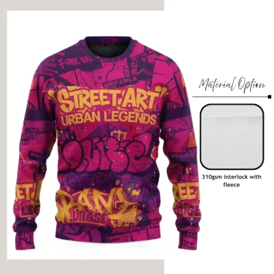 Custom full sublimation printed fleece-lined stretch crew sweatshirt in 310GSM thermal fabric laid flat, showcasing vibrant all-over design.