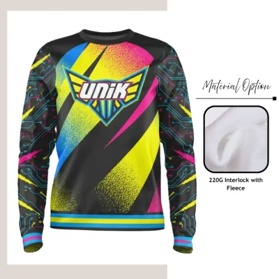 Custom full sublimation printed ultra light fleece-backed crew sweatshirt in 220GSM stretch fabric laid flat, showcasing vibrant all-over design.