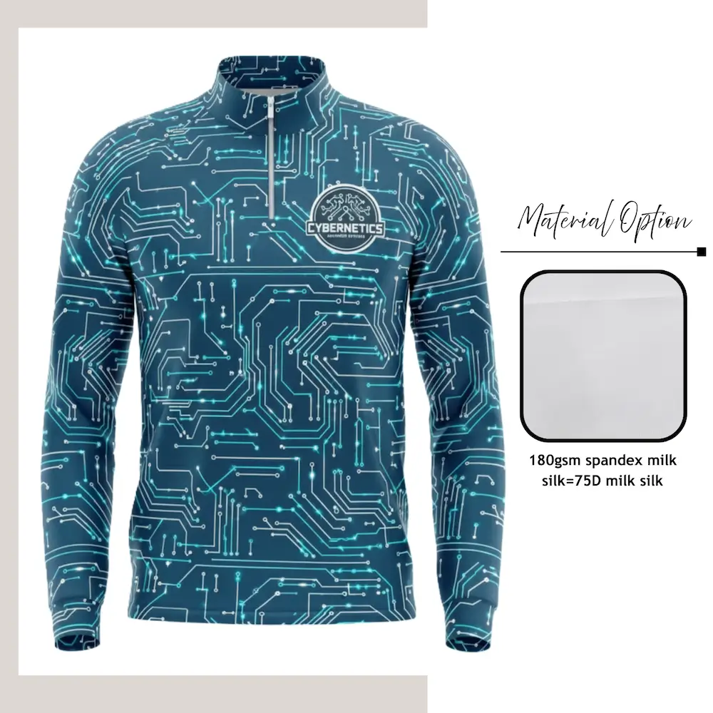 Custom full sublimation printed milk silk quarter zip long sleeve pullover laid flat, showcasing vibrant all-over design with contrast zipper.