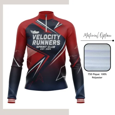 Custom full sublimation printed pique quarter zip long sleeve pullover laid flat, showcasing vibrant all-over design with textured fabric and contrast zipper.