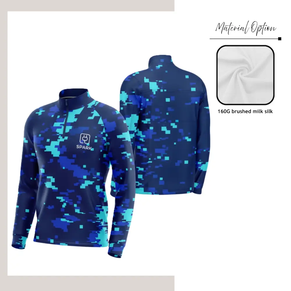 Custom full sublimation printed brushed milk silk quarter zip long sleeve pullover laid flat, showcasing vibrant all-over design with contrast zipper.