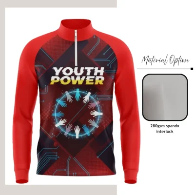 Custom full sublimation printed stretch interlock quarter zip sweatshirt laid flat, showcasing vibrant all-over design with contrast zipper Image Caption: Front flat view of the Unisex & Women's Quarter Zip Sweatshirt with 280G stretch interlock fabric.