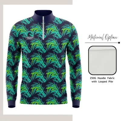 Custom full sublimation printed looped terry half zip sweatshirt laid flat, showcasing vibrant all-over design with contrast zipper