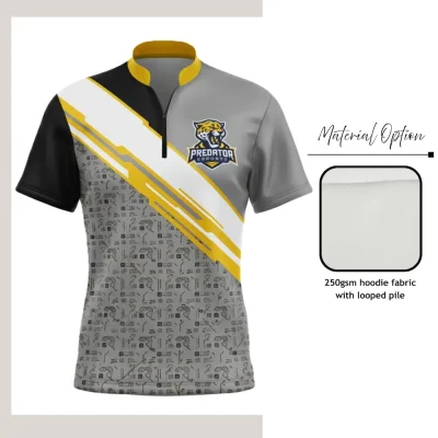 Custom full sublimation printed looped terry quarter-zip pullover laid flat, showcasing vibrant all-over design with contrast zipper