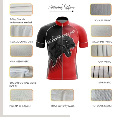Custom full sublimation printed short sleeve cycling jersey with quarter-zip laid flat, showcasing vibrant all-over design.