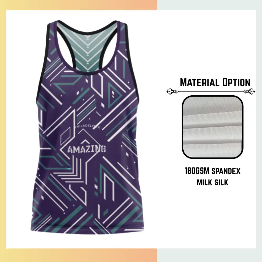 Custom performance sublimated I-shaped tank top in 75D milk silk fabric with vibrant all-over geometric pattern