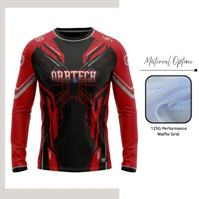 Custom full sublimation printed long sleeve t-shirt in waffle grid fabric laid flat, showcasing vibrant all-over design.