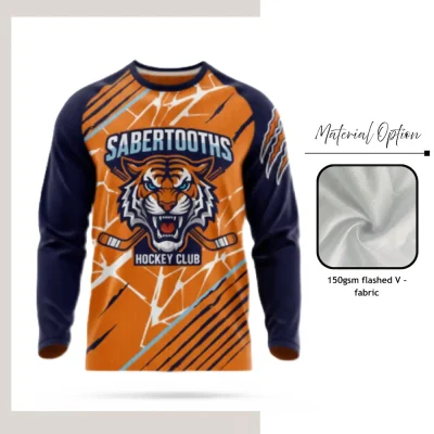 Custom full sublimation printed long sleeve t-shirt in Flashed V fabric laid flat, showcasing vibrant all-over design.