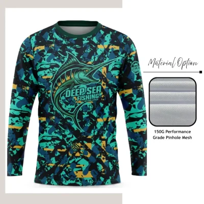 Custom full sublimation printed long sleeve t-shirt in breathable pinhole mesh fabric laid flat, showcasing vibrant all-over design.