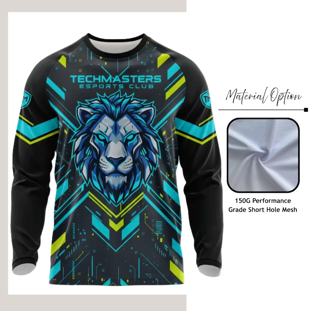 Custom full sublimation printed long sleeve t-shirt in breathable short hole mesh fabric laid flat, showcasing vibrant all-over design.