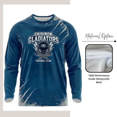 Custom full sublimation printed long sleeve t-shirt in textured honeycomb mesh fabric laid flat, showcasing vibrant all-over design