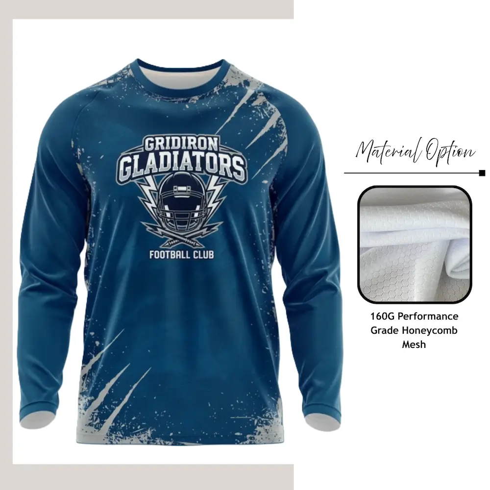 Custom full sublimation printed long sleeve t-shirt in textured honeycomb mesh fabric laid flat, showcasing vibrant all-over design