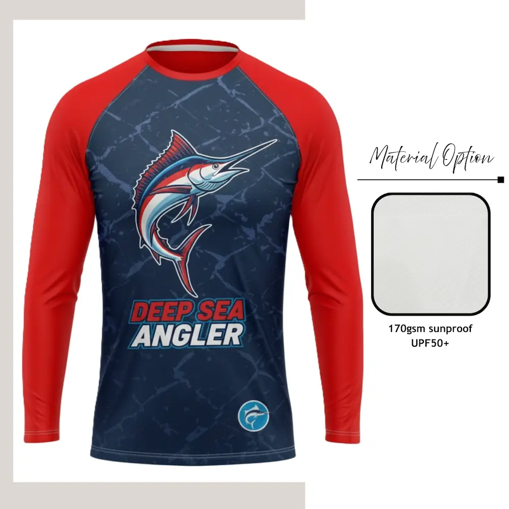 Custom full sublimation printed long sleeve t-shirt in UPF50+ SolarProtec sun protection fabric laid flat, showcasing vibrant all-over design.
