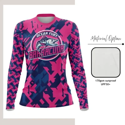 Custom full sublimation printed long sleeve t-shirt in UPF50+ stretch sun protection fabric laid flat, showcasing vibrant all-over design.
