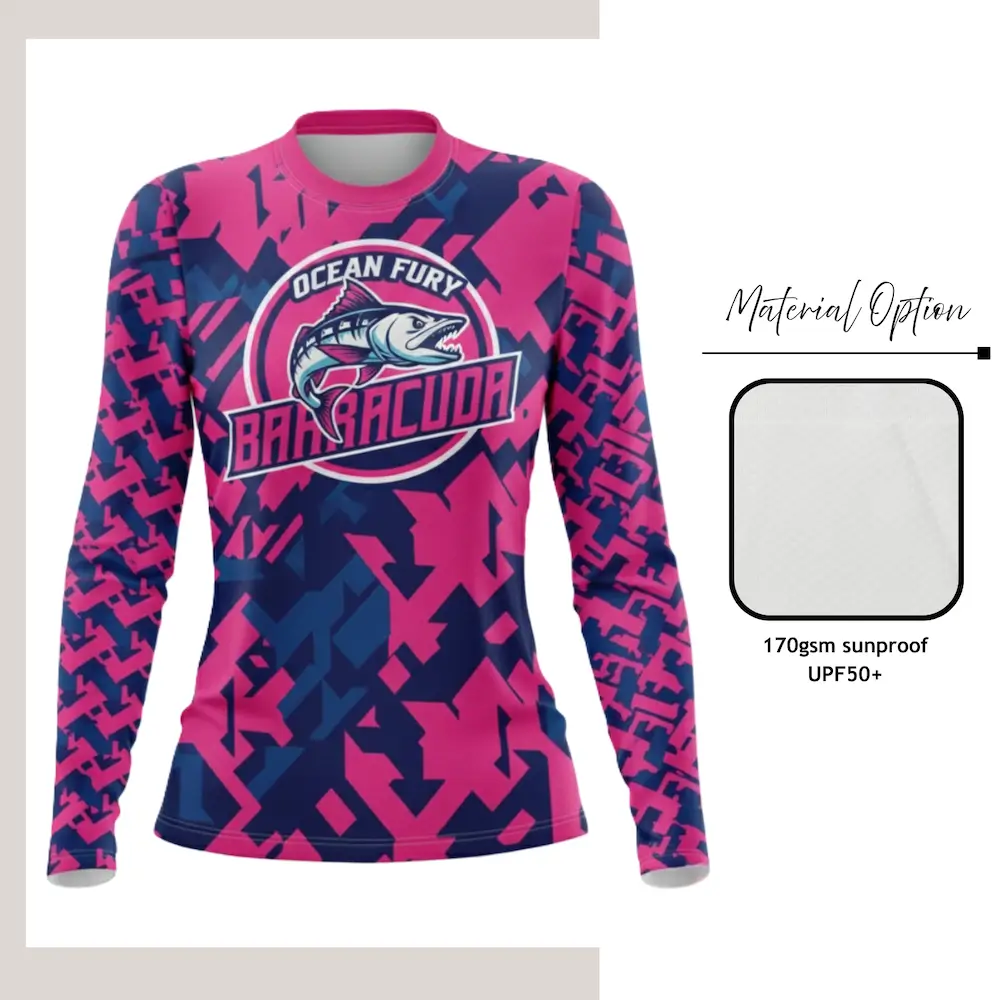 Custom full sublimation printed long sleeve t-shirt in UPF50+ stretch sun protection fabric laid flat, showcasing vibrant all-over design.