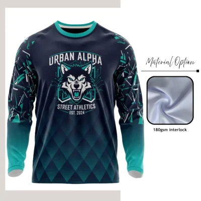 Custom full sublimation printed long sleeve t-shirt in heavyweight 180GSM interlock fabric laid flat, showcasing vibrant all-over design
