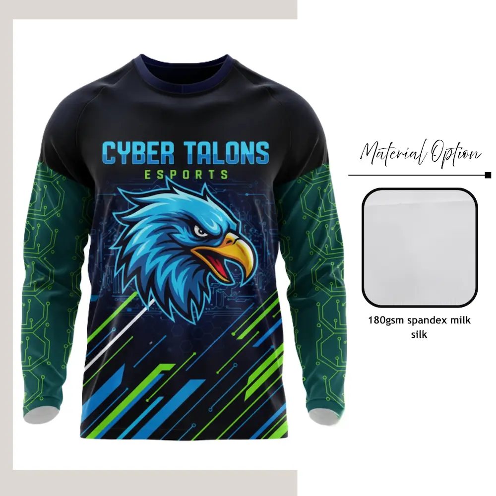 Custom full sublimation printed long sleeve t-shirt in soft milk silk stretch fabric laid flat, showcasing vibrant all-over design