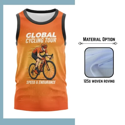 Custom full sublimation printed 125g woven roving mesh tank top for men, women and kids laid flat, showcasing vibrant design