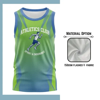 Custom full sublimation printed 150gsm flashed v-fabric tank top for men, women and kids laid flat, showcasing vibrant design on textured fabric.