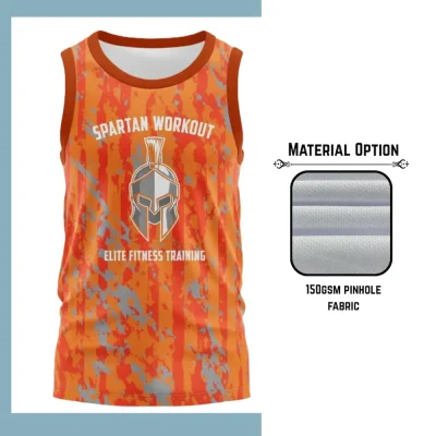 Custom full sublimation printed 150gsm pinhole fabric tank top for men, women and kids laid flat, showcasing vibrant design on perforated fabric.