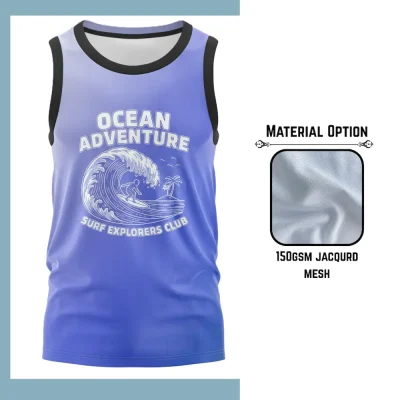 Custom full sublimation printed 150gsm jacquard mesh tank top for men, women and kids laid flat, showcasing vibrant design on textured woven fabric