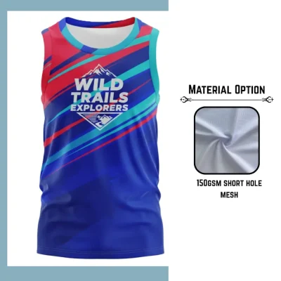 Custom full sublimation printed 150gsm short hole mesh tank top for men, women and kids laid flat, showcasing vibrant design on technical mesh fabric.