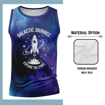 Custom full sublimation printed 160gsm brushed milk silk sleeveless t-shirt for men, women and kids laid flat, showcasing vibrant design on soft fabric