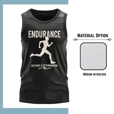Custom full sublimation printed 180gsm interlock sleeveless t-shirt for men, women and kids laid flat, showcasing vibrant design on premium fabric.